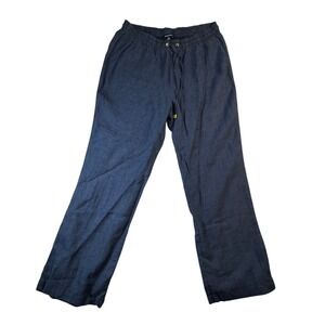 Ellen Tracy Linen Pants Womens Size L Blue Drawstring Wide Leg Casual